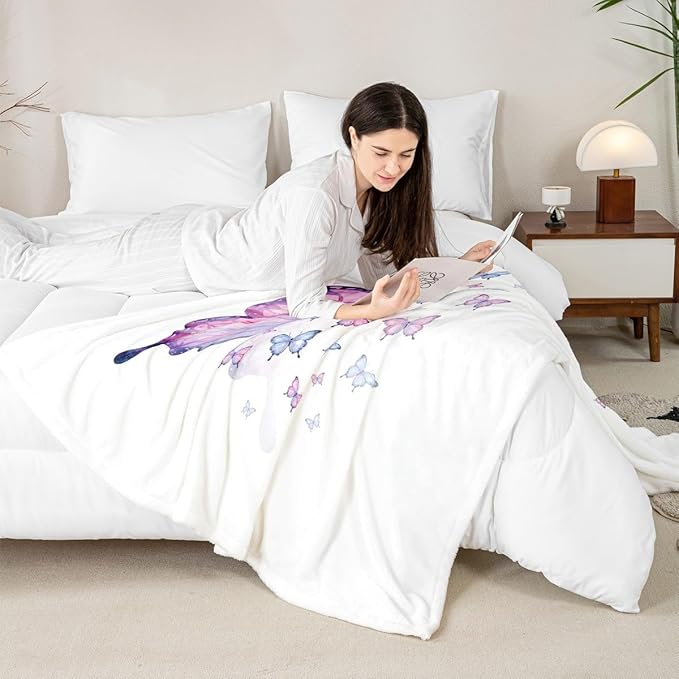 Feelyou Girls Butterfly Fleece Throw Blanket Queen 90"x90" Kids Purple Blue Sherpa Blanket Plush Fuzzy for Bed Couch Chair Living Room, Butterflies Lover Bed Blanket Room Decor