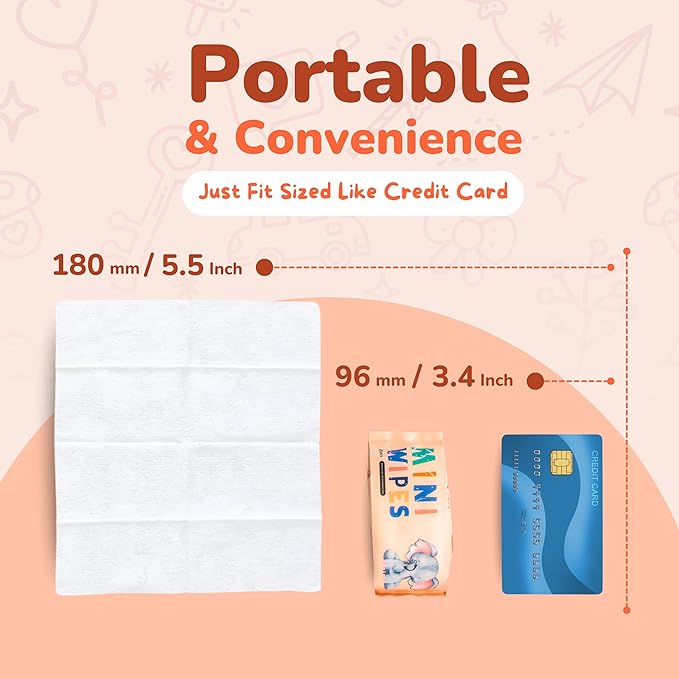 Mini Wet Wipes - Alcohol & Fragrance Free, Safe for Babies & Kids - 8 Bags Total 64 Wipes (Sunset Elephant)