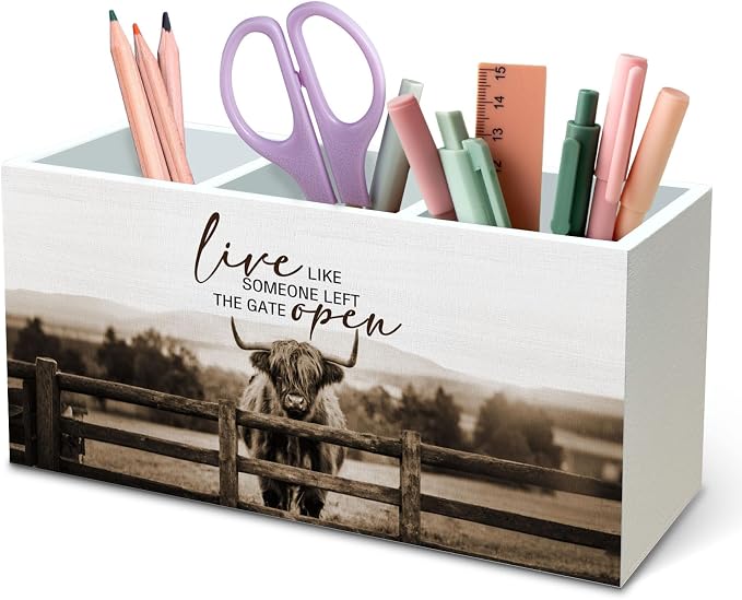 DILSJ Inspirational Highland Cow Pen Pencil Holder Organizer for Desk, Highland Cow Gifts, Rustic Live Like Someone Left the Gate Open Wooden Box Signs for Home Office Desk Tabletop Decoration