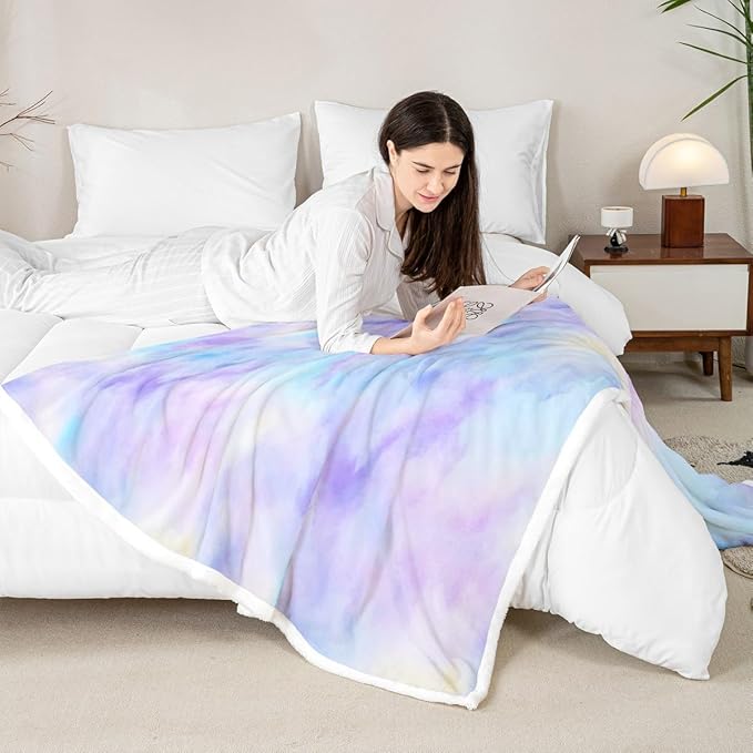 Feelyou Purple Blue Fleece Throw Blanket Queen 90"x90" Kids Tie Dye Watercolor Sherpa Blanket Plush Fuzzy for Bed Couch Chair Living Room, Dreamy Girly Bed Blanket Room Decor