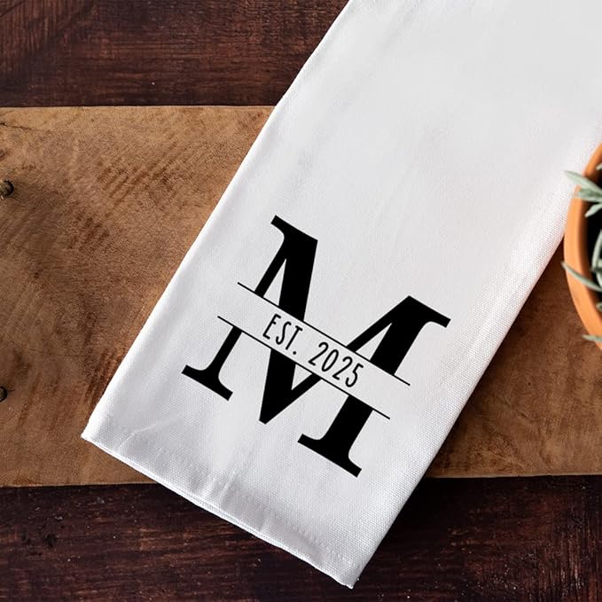 Andaz Press Personalized Kitchen Towel, Flour Sack Tea Towel, Monogram Initial EST. Year Custom Kitchen Gifts Birthday for Mom Daughter, Wedding Gifts Housewarming Gift for Couples