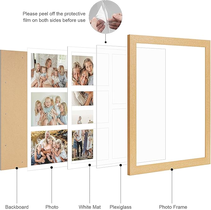 11x13 Collage frame with 5 Openings 4X6 Pictures, Multiple Picture Frame with Mat, Wall or Tabletop Decor, Natural Wood Grain,2 Pack
