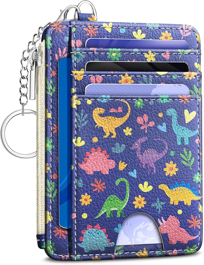 Kelvoris Credit Card Holder Small Wallet Women, Slim RFID, Cute Dinosaur | Keychain, Zipper Coin Pocket, Front Pocket Thin Travel Card Case, Minimalist, 6 Card Slots, 1 ID Window, Ladies Gifts Woman