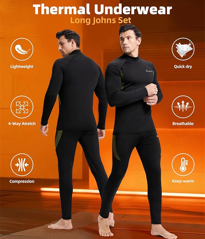 romision 2 Pack Thermal Underwear for Men Long Johns Fleece Lined Hunting Gear Bottom Top Set Base Layer Cold Weather XS-4XL