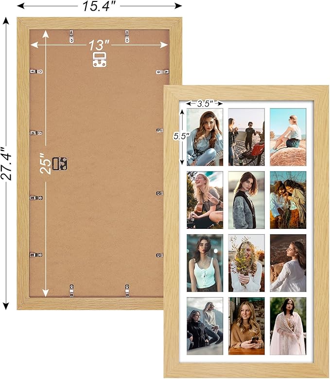 13x25 Picture Frame Display 12 opening 4X6 Picture Frame Collage,Multi Photo Frame with Mat,Plexiglass,Wall Mount Decor,Natural Wood Grain
