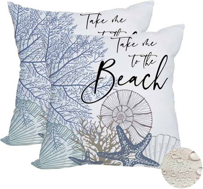 Fukeen 2 Pack Waterproof Take Me to The Beach Summer Pillow Covers 16x16 Inch Blue Ocean Sea Shell Coral Conch Starfish Throw Pillow Covers Outdoor Coastal Decorations Cushion Case Double Sided