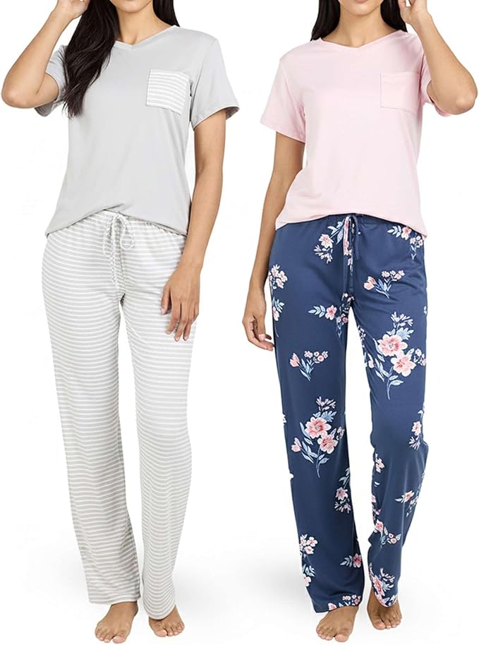 Real Essentials 2 Pack: Women's Comfy Pajama Sets - Short & Long Sleeve Ladies Loungewear Sleepwear PJs (Available In Plus)