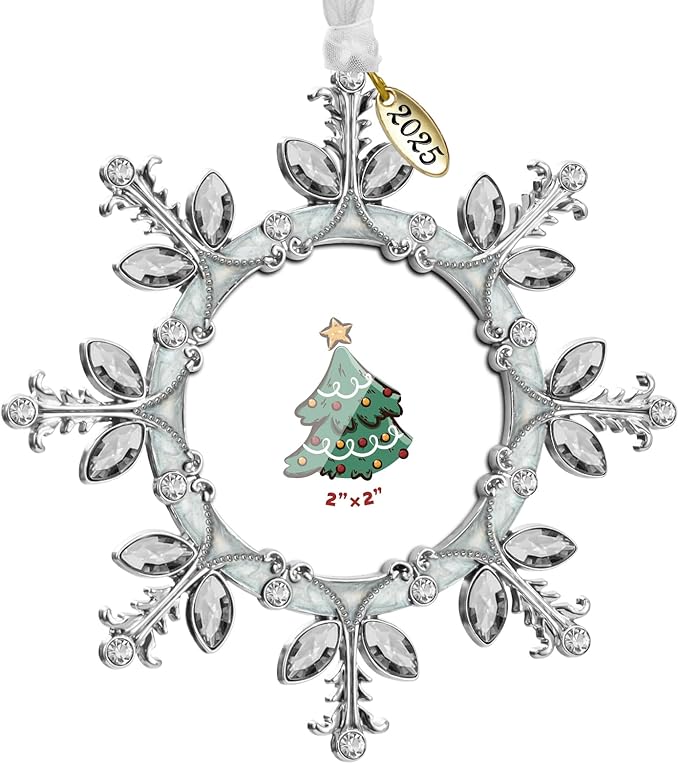 2025 Christmas Tree Ornament Snowflake Picture Frame Metal Hanging Pendant Holiday 2" Photo Frame Charm Decorative of Pets, Baby First Christmas, Family (White，2025)