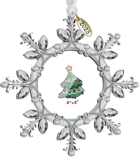 2025 Christmas Tree Ornament Snowflake Picture Frame Metal Hanging Pendant Holiday 2" Photo Frame Charm Decorative of Pets, Baby First Christmas, Family (White，2025)