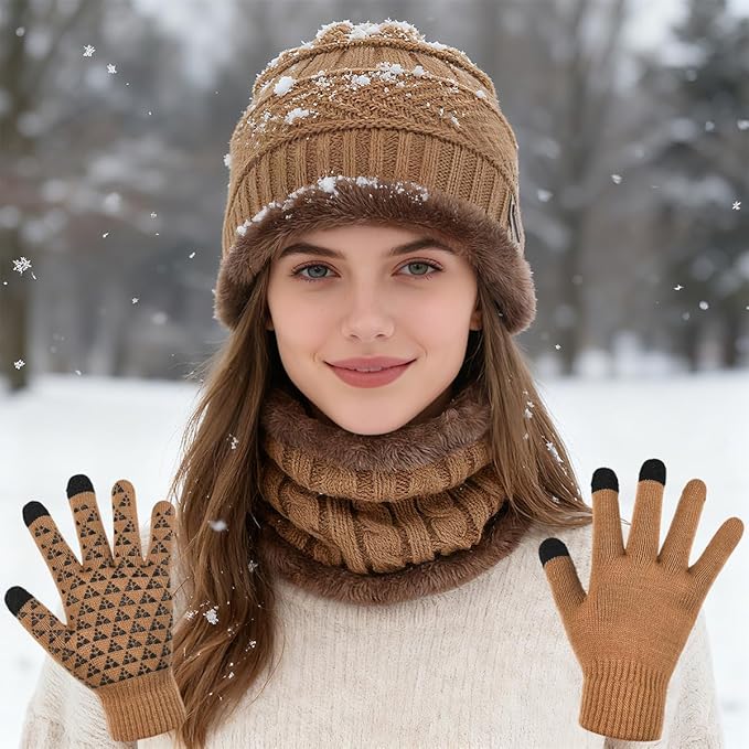 Winter Beanie Hat Scarf Glove Set for Women Snow Knit Thick Fleece Lined Ski Hat,Mens Warm Neck Warmer Touchscreen Mittens