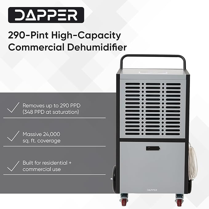 290 Pints Commercial Dehumidifier for Basements & Industrial Spaces – Built-In Pump, Drain Hose, Continuous Operation, 2-Speed Fan, 24000 Sq Ft Coverage