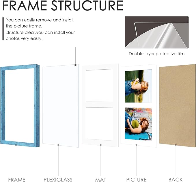 8.5x11 Double 5x7 Picture Frame Double Picture Frame Displays Two 5x7 inch Photos Available Horizontal Wall Mounting Display and Vertical Blue