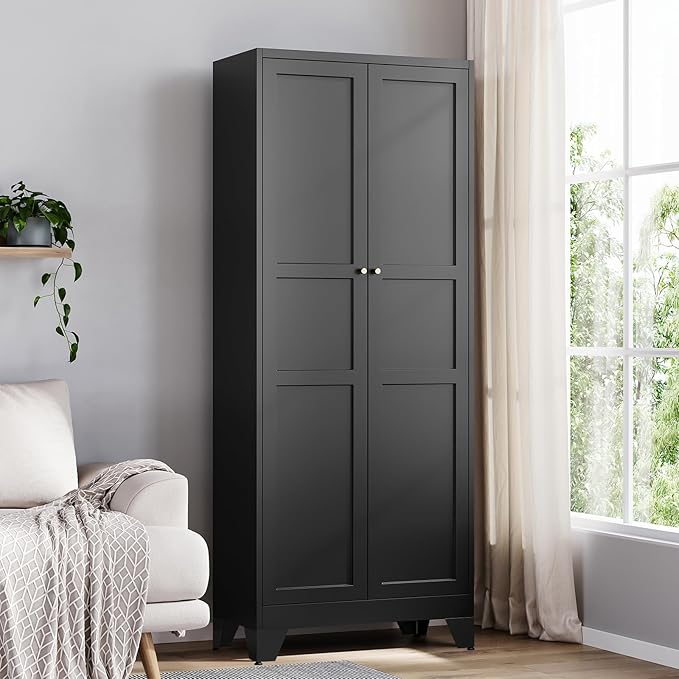 Yizosh Metal Storage Cabinet with 2 Doors and 4 Adjustable Shelves,- 72" Black Kitchen Pantry Storage Cabinet for Kitchen,Living Room,Dining Room