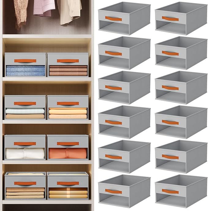 Drawer Organizers and Storage - 12 Pack Foldable Pants Organizer with Clear Window & Handles, Fabric Closet Organizer for Clothes, Jeans, Sweaters, Towels, T-shirt, Scarf (Grey)