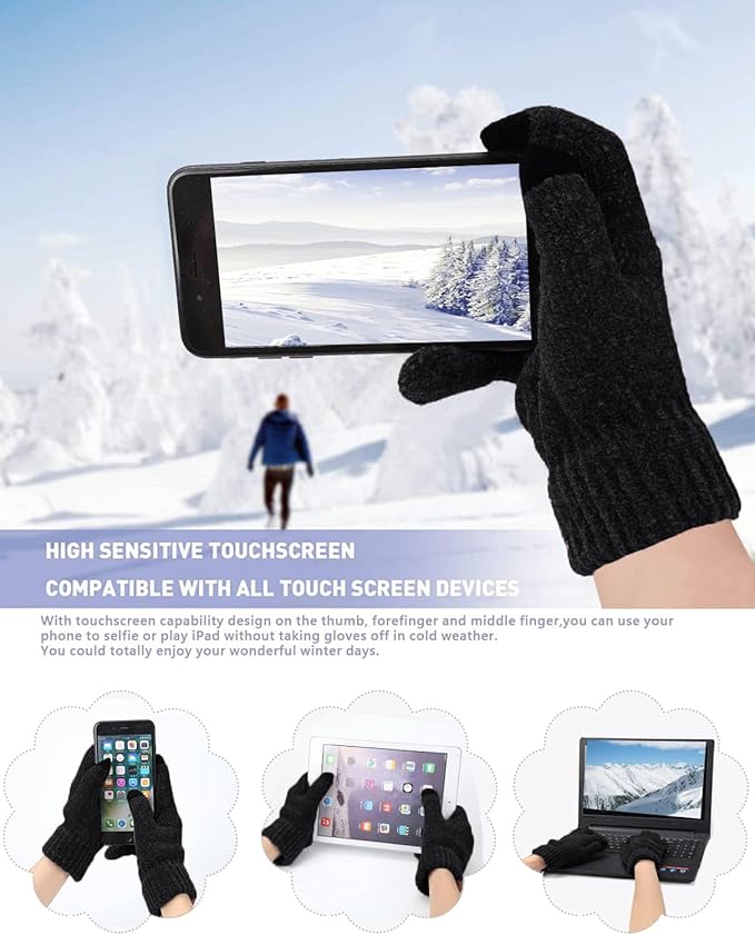 Womens Winter Knit Warm Hat Beanie Long Scarf Touch Screen Gloves Set Skull Caps Neck Scarves for Women