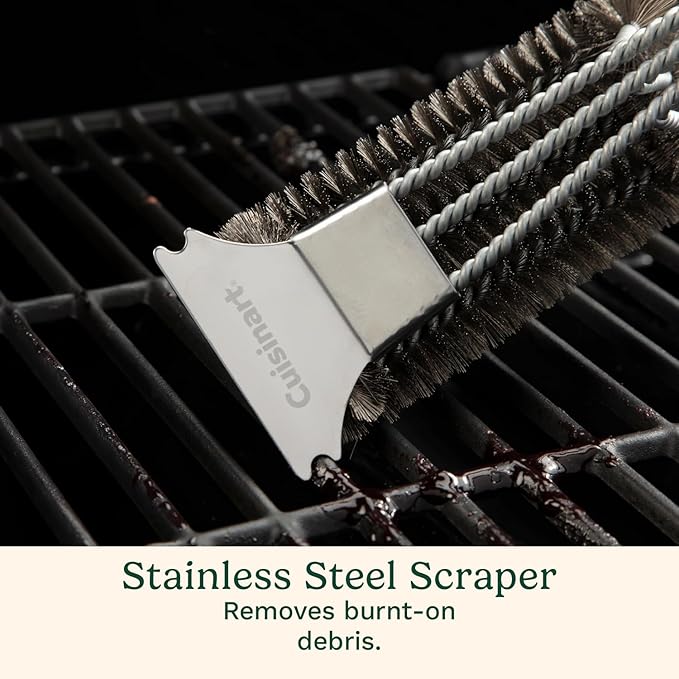 Cuisinart Triple Bristle Brush with Scraper, 17” Triple Row Stainless Steel Grill Brush for All Grates Quick Grill Cleaning, Comfortable Grip Grill Cleaner Perfect for BBQs, Cookouts & Tailgates