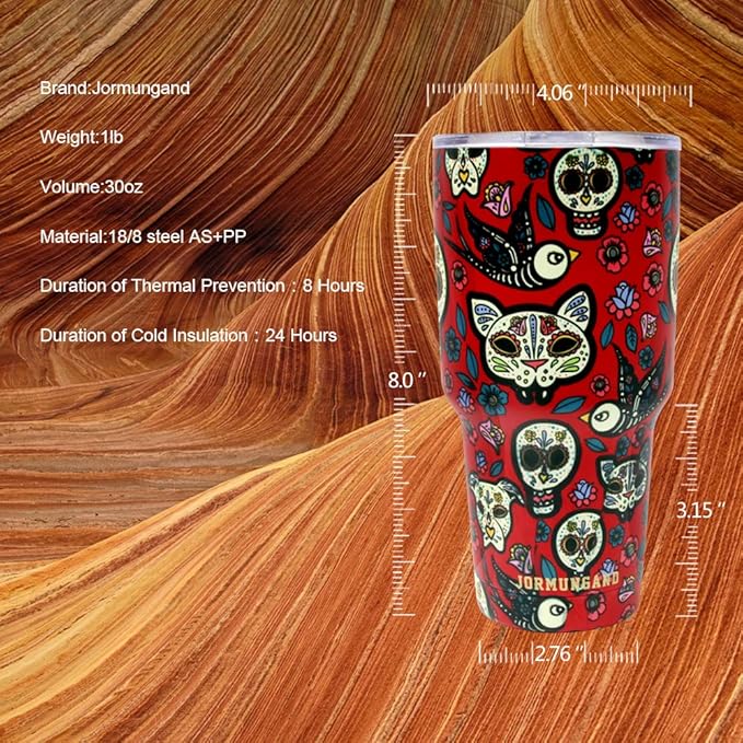 Jormungand 30 oz Tumbler with Handle and Straw Stainless Steel Vacuum Insulated Water Bottle Cup Holder Friendly Coffee Mug with Leak Proof Lid Gift for Women&Men Red Sugar Skull
