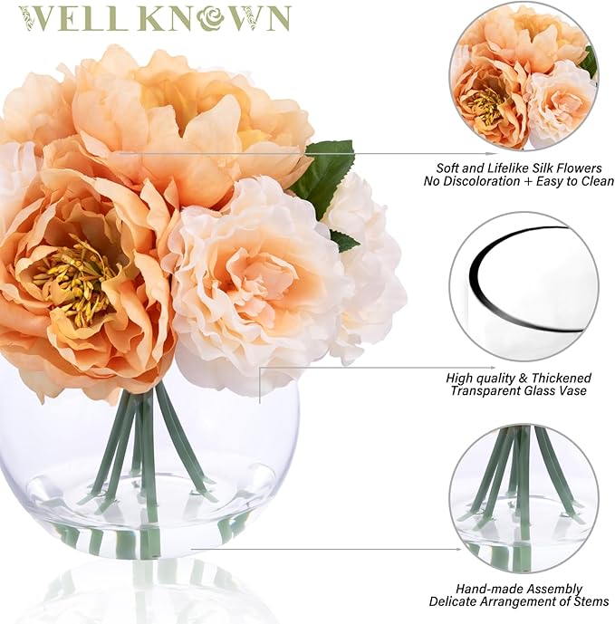 Artificial Flowers in Vase, Silk Peonies Flowers for vase with Faux Water for Coffee Table Decor, Fake Flower Arrangements Thanksgiving Fall Winter Dinning Table Centerpieces & Gift (Apricot & Nude)
