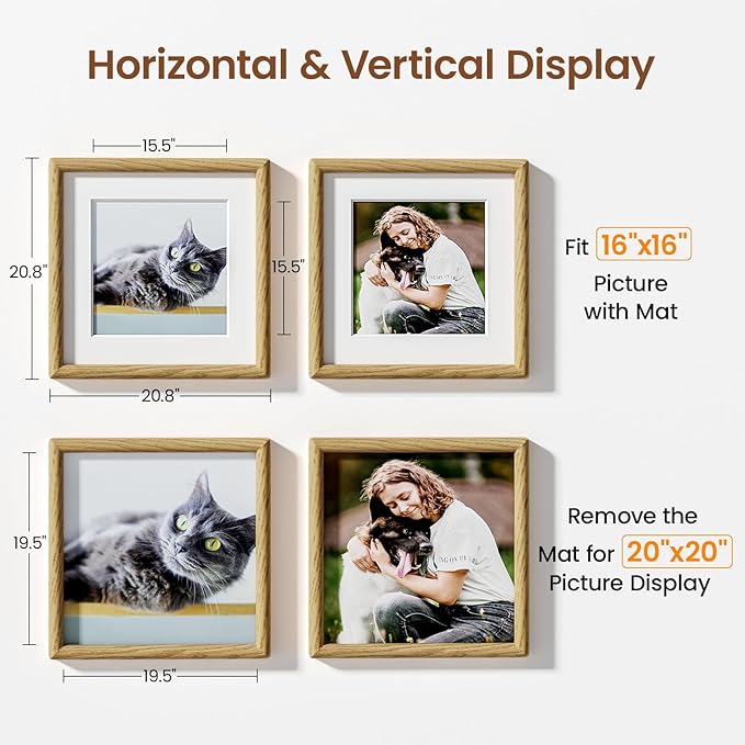 20x20 Picture Frame Natural Oak Wood From California-USA with Real Tempered Glass, Handcrafted 20x20 Photo Frame Matted to 16x16 Wedding Photo,Family Picture,Graduation Picture Display on Table & Wall