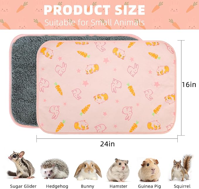 Homimp 2 Pack Guinea Pig Cage Liners,Washable Small Animal Bedding,Waterproof Reusable & Anti Slip Guinea Pig Pee Pad Fast and Super Absorbent Mat for Small Animal Rabbit Bunny Hamster,Pink 16"x24"
