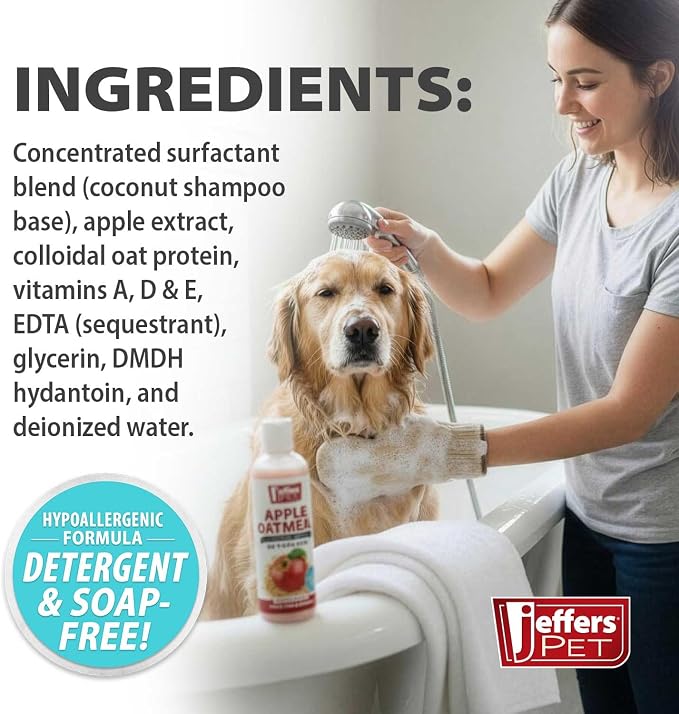 Jeffers Pet Apple Oatmeal Shampoo for Dogs & Cats, 17 oz - Gentle Coconut Based Formula w/Colloidal Oat Protein, Soap Free, Deodorizing Apple Scent, Sensitive Skin, Puppies Kittens Grooming Care