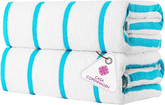 CASA COPENHAGEN Cabana Pool Bath Sheet, 70" x 35", Designed in Denmark Rough and Tough, Quick Dry, for Pool, Bath, Beach & Shower 2 Piece Cotton Pool Towels Set - White Teal Stripe
