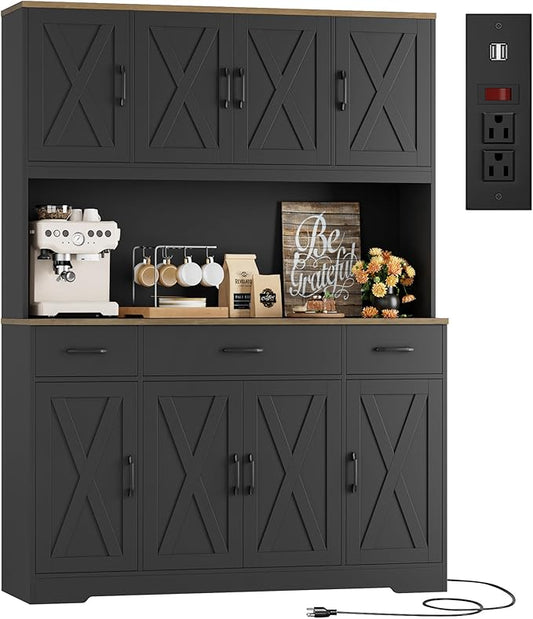 HOSTACK 71" Tall Pantry Cabinet with Charging Station, 55" Wide Kitchen Pantry Storage Cabinet with Countertop, Large Kitchen Hutch with Storage Drawers and Microwave Stand for Dining Room, Black