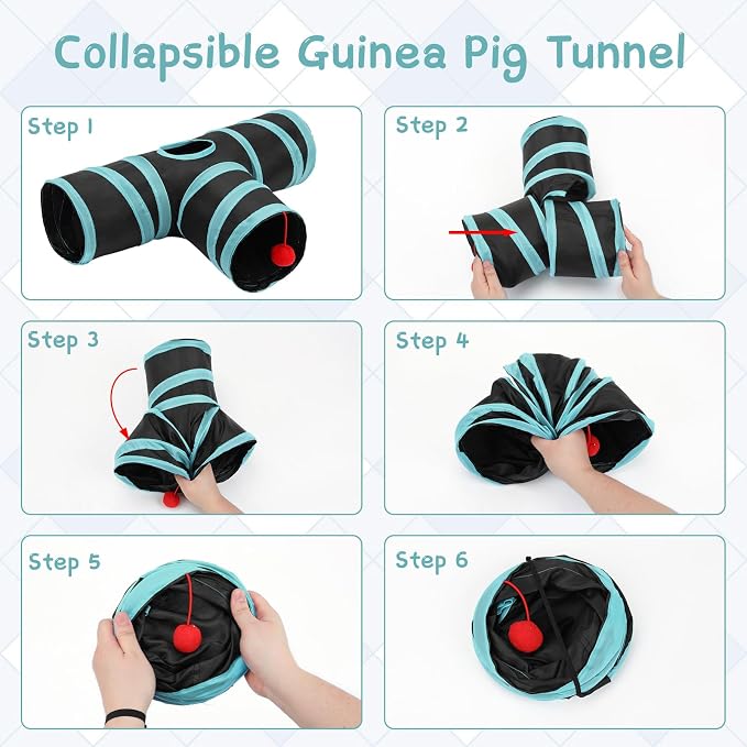 Rypet Guinea Pig Tunnel Hideout 3-Way Collapsible Pet Tubes, Blue Black | 3 Way Design for Exploration, Collapsible for Easy Storage, Built-in Play Ball, Hiding & Resting for Hamsters Ferrets