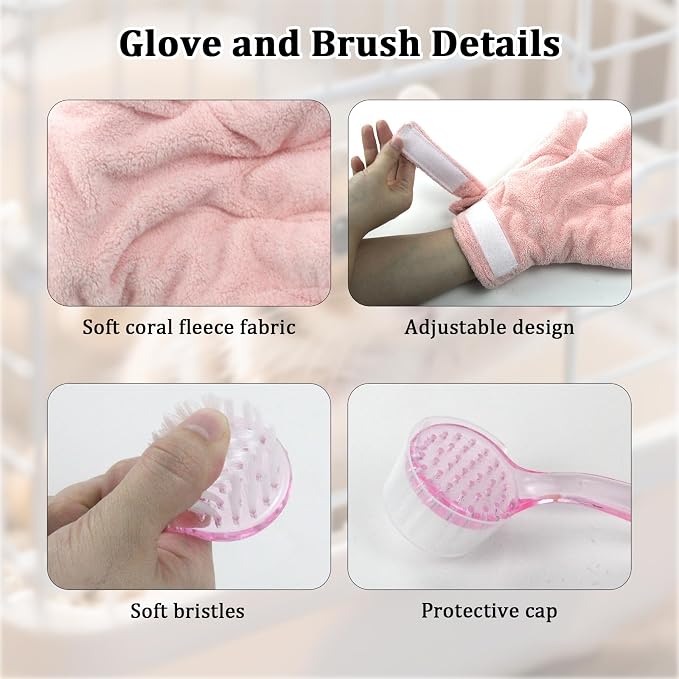 Hamster Bite Proof Glove and Grooming Brush Set, Adjustable Hamster Glove, Lid Soft Cleansing Brush Massage Combs, Guinea Pig Brush, Hamster Care Set for Hamsters, Ferrets, Hedgehogs (Pink)