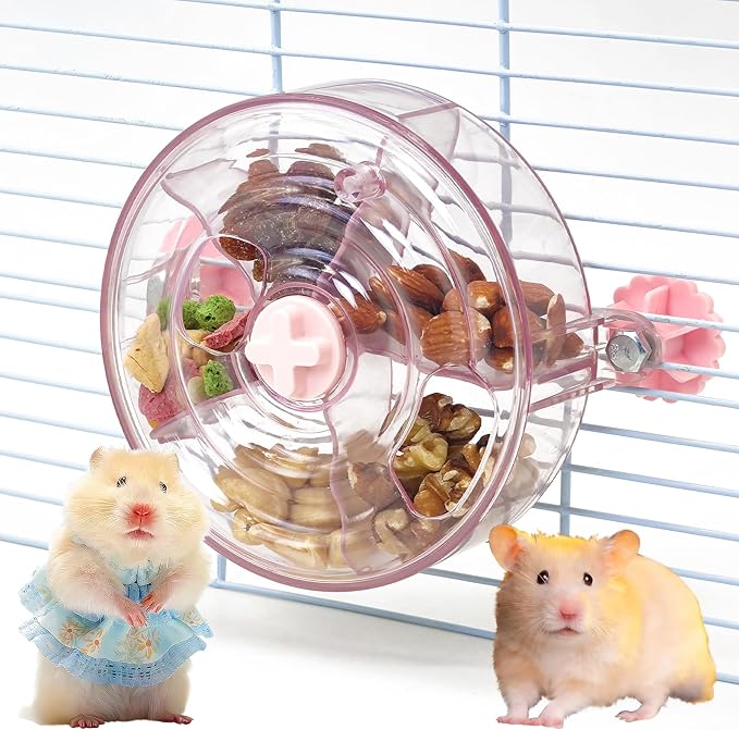 VCEPJH Rat Foraging Toy Interactive Slow Feeder with Transparent Rotating Treat Dispenser Wheel for Enrichment Activities Pet Rat Cage Accessories Ideal for Syrian Hamster Gerbil Mice (Pink)