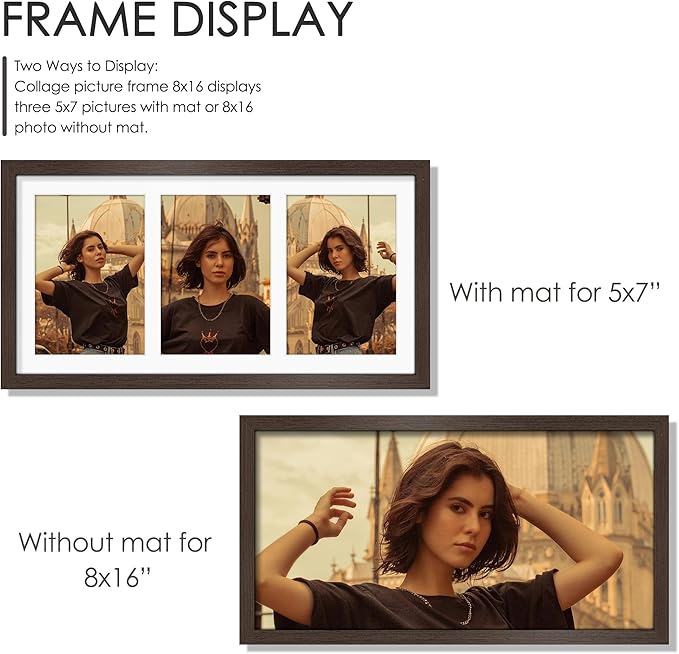 8x16 Collage Picture Frame,5x7 Collage Picture Frame Displays Three 5x7 inch Photos, or 8x16 (Without Mat) for Available Horizontal Wall Mounting Display and Vertical, Walnut.