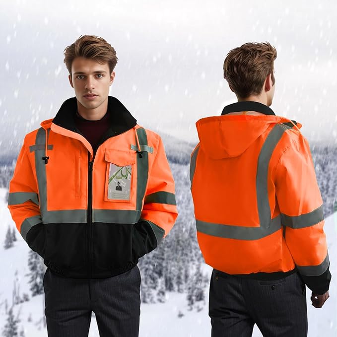 High Vis Safety Jackets, Reflective Work Jacket with Pockets for Men& Women, Construction Coats for Winter Cold Weather, Waterproof Rain Jacket, Class 3, Orange-Black, XXL