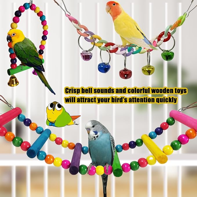Parakeet Toys,7 Pcs Colorful Bird Toys for Parakeets,Pet Bird Cage Hammock Swing Climbing Ladders Chewing Toy Mirror Hanging Bell Wooden Perch for Budgerigar,Conures, Love Birds,etc | Swing Climbing Ladders Chewing Toy Mirror Hanging Bell Wooden Perch,...