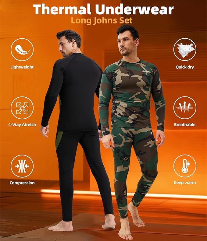 romision 2 Pack Thermal Underwear for Men Long Johns Fleece Lined Hunting Gear Bottom Top Set Base Layer Cold Weather XS-4XL
