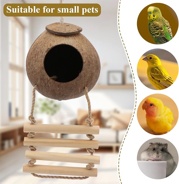 Hypeety Pet Bird Breeding Nest Natural Coconut Bird Hideout Hut for Cage | Natural coconut shell, for sleeping/breeding, easy to hang, for parakeets/cockatiels/finches/hamster, with wooden ladder/hook