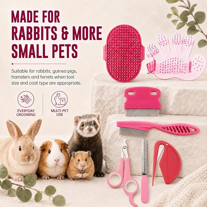 Rabbit Grooming Kit, 7-Piece Bunny Brush and Nail Care, Pink | 7 tools for loose fur, combing, light tangles and nail care; for rabbits, guinea pigs, hamsters and ferrets