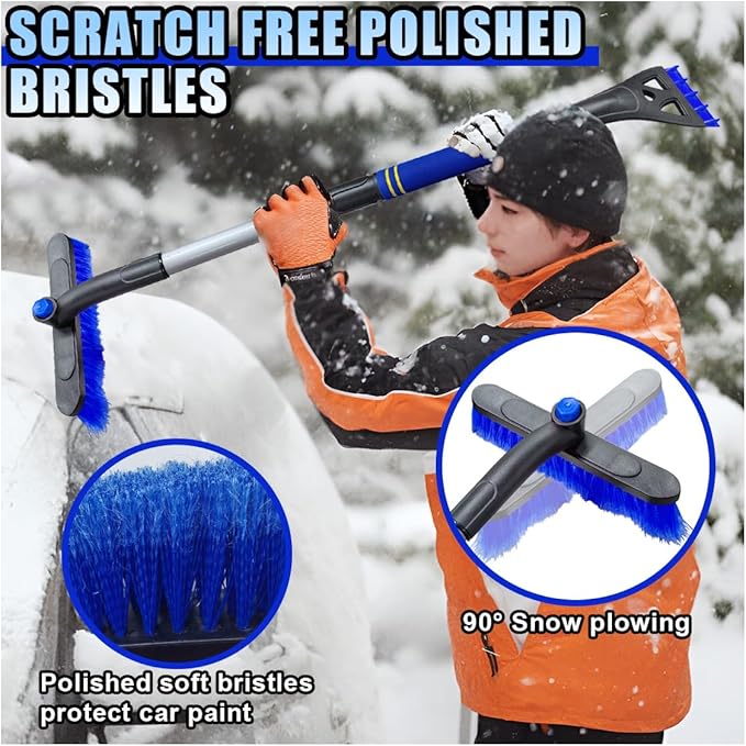 31.5" Detachable Snow Brush and Ice Scraper for Car Windshield, 2-in-1 Winter Snow Removal Tool with Extendable, 360° Rotating Soft Bristle Brush Head and Foam Grip for Most Vehicles (Blue)
