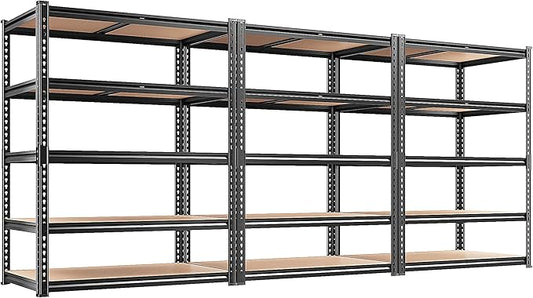 REIBII 2400LBS Storage Shelves 5 Tier Garage Shelving Heavy Duty, Adjustable Metal Shelving, Garage Shelves for Basement, Warehouse, Pantry, Closet, Kitchen 72" H x 35.55" W x 16" D, Black, 3 Pack