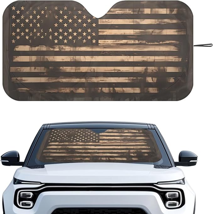 Vintage American Flag Windshield Sun Shade for Front Window Easy to Install Automotive Interior Sun Protection Lightweight Blocking Harmful UV Rays & Heat