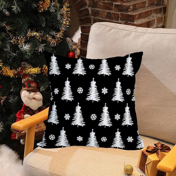 Fukeen 2 Pack Waterproof Outdoor Christmas Tree Decor Pillow Covers 16x16 Inch White and Black Forest Pine Trees Xmas Throw Pillow Covers Snowflake Winter Decorations Cushion Cover Double Sided
