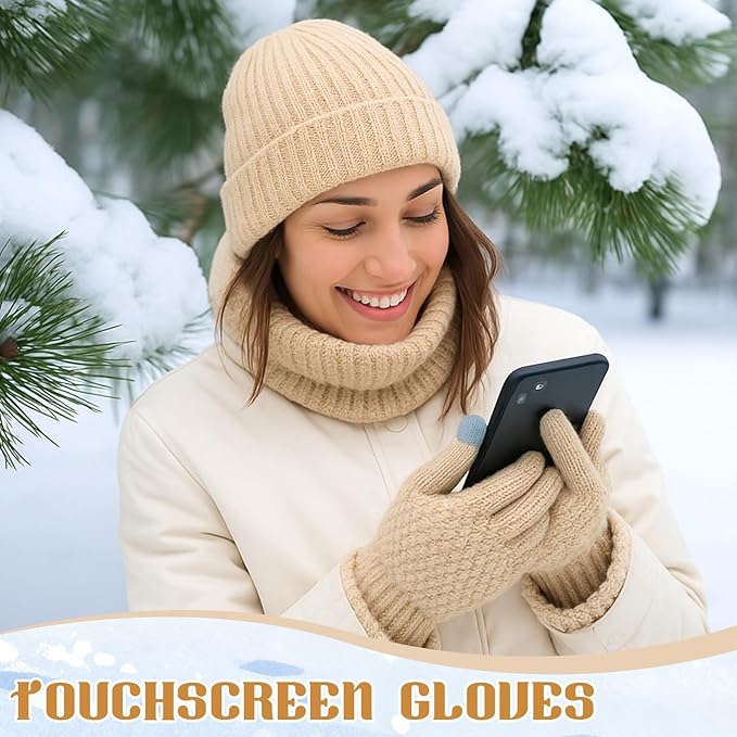 SATINIOR 5 Pcs Winter Beanie Hat Scarf Gloves Set Fleece Lined Knit Hat Warm Touch Screen Gloves Earmuff Warmer for Women(Beige,Fashion Style)