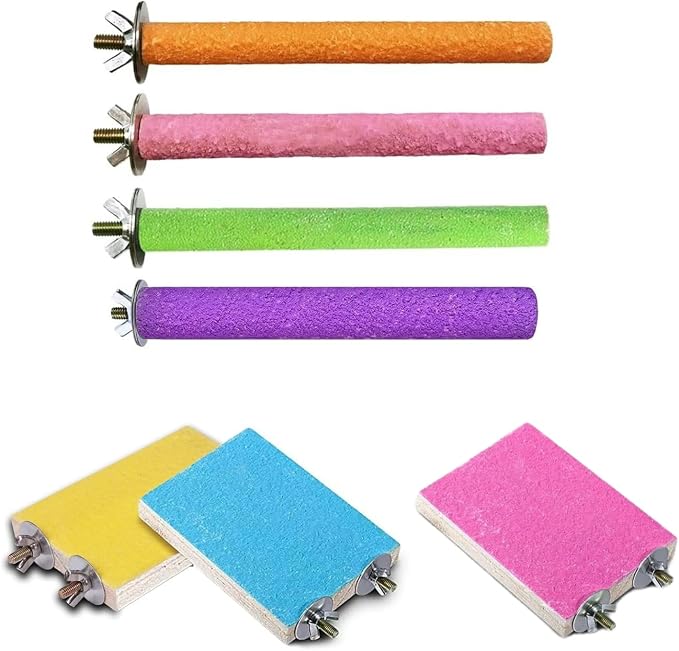 7PCS Bird Perch Stand Platform Natural Wood Parakeet Toys Cage Accessories | Colorful Rough Quartz Sand Surface, Thickened Exercise Paw Grinding Stick for Budgies, Cockatiel, Lovebirds, Finch, Canary