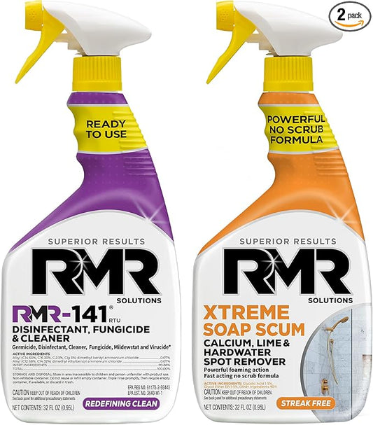 RMR Polish & Protect Bundle – Xtreme Soap Scum Remover + RMR-141 EPA Registered Mold & Mildew Spray, 2-Step Clean & Disinfect System for Buildup, Hard Water, Tile, Surfaces, Glass, 2–32 Oz Bottles