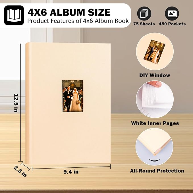 Ruibytree Photo Album with Writing Space 4x6 450 Photos,Leather Cover with Front Window Picture Album,4 x 6 Photo Book for Wedding Kids Travel Pets Family Baby Couple (Beige)