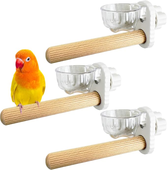 Kathson 3Pcs Bird Perch Feeding Cup Natural Wood Perches with Removable Bird Feeder for Cage Parrot Stand for Parakeets, Budgies, Cockatiels,Parrots, Birds Chewing Stick (White)
