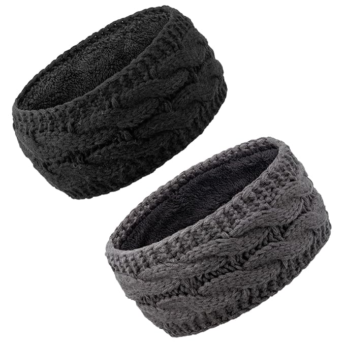 AQOKKA Knit Winter Headbands for Women Fuzzy Wool Fleece Lined Ear Warmers Elastic Turban Crocheted Head Wrap Winter Accessories for Women Cold Weather