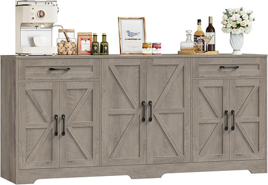 BOTLOG 71” Large Sideboard Buffet Cabinet with Storage, Farmhouse Kitchen Buffet Cabinet with Adjustable Shelves and 6 Barn Doors, Wood Coffee Wine Bar Console Table, White, Ash Grey (Ash Grey)