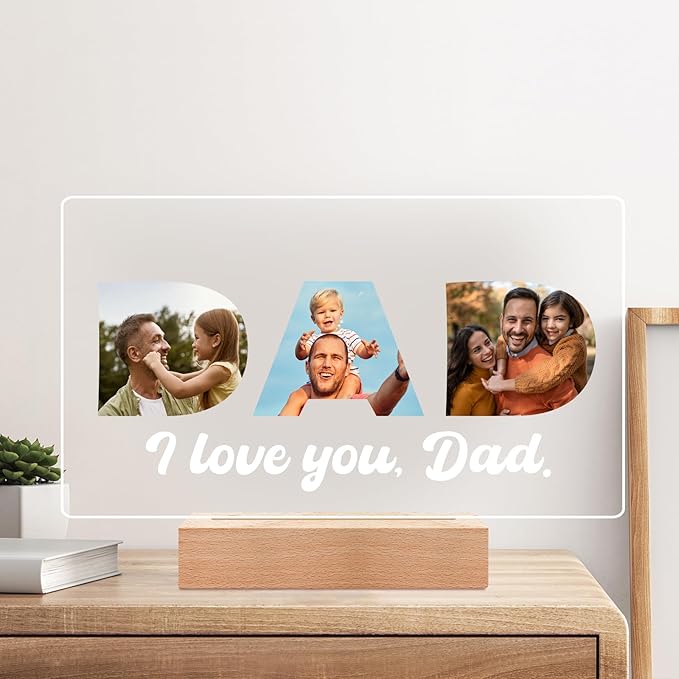 Personalized Picture Frame with Photos, Custom Photo Frame with Night Light, Custom Dad Frame, Personalized Dad Birthday Gifts, Personalized Father's Day Gifts for Dad from Daughter & Son