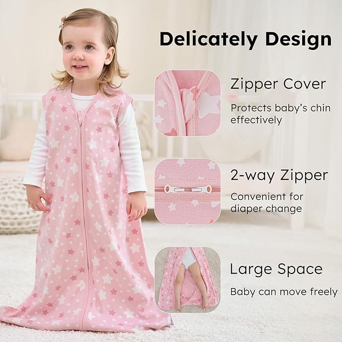 Baby Sleep Sack 12-18 months, 100% Cotton Sleeping Sack for Newborn and Infant, 3 Pack Baby Wearable Blanket for Boy and Girl, 0.5 Tog Lightweight Double Zipper Sleep Bag Pink Heart