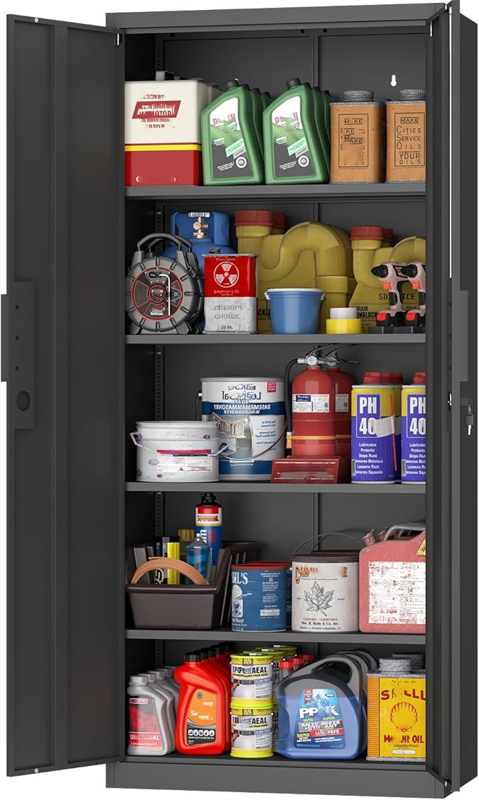 GREATMEET Metal Garage Storage Cabinets, 71" Tall Locking Cabinets with Doors and Shelves, Utility Cabinet with Lock for Garage, Home, Black